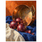 Three red onions and loose skins on blue and cream cloth beside a tilted copper pan against an orange background.