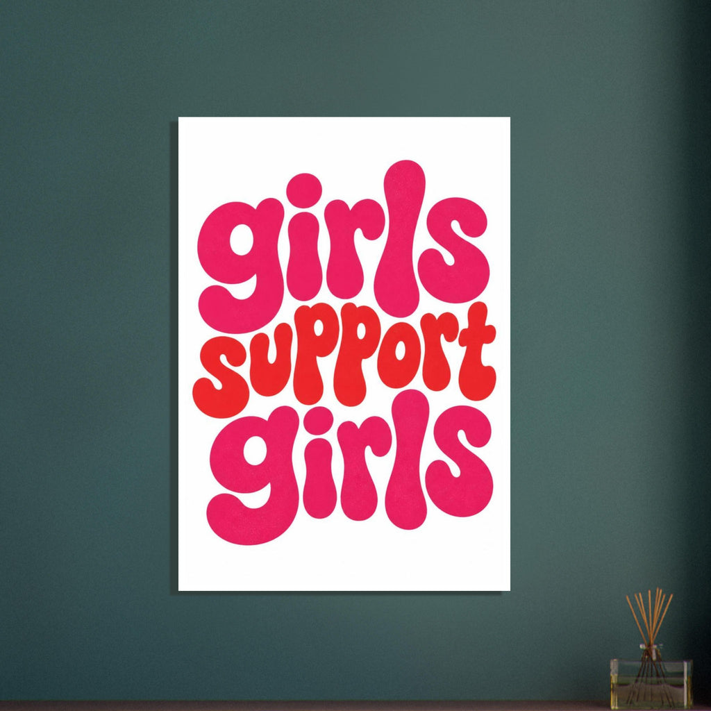 Girls support girls written in chunky, rounded lowercase letters, with pink ‘girls’ and red ‘support’ on white.