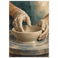 Hands at the Wheel painting of two clay-covered hands shaping a low bowl on a circular pottery wheel against muted teal.