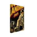 Astronaut on rocky lunar ground beside a lunar module, with Earth above and bold yellow ‘Moon Landing 1969’ lettering.