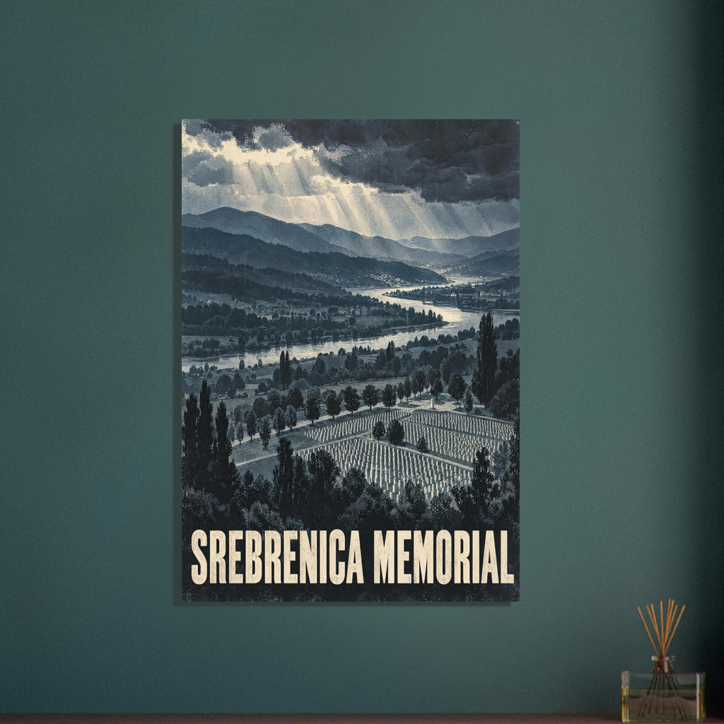 Srebrenica Memorial markers above a winding river valley beneath sunlit storm clouds, with large cream lettering below.