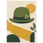Green hat with a shamrock and dark band, surrounded by mustard geometric shapes and green leaves on a cream background.