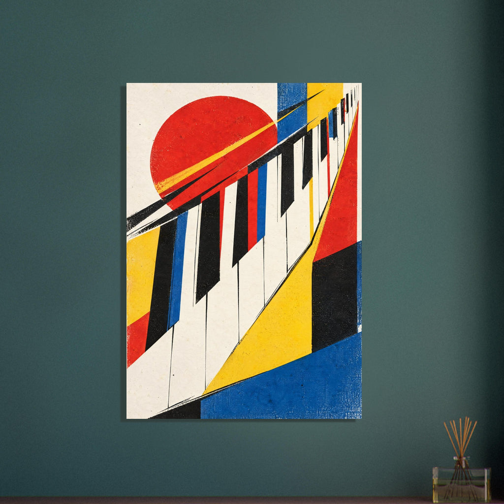 Piano keys sweep diagonally through red, yellow and blue geometric shapes, with a red circle and distressed cream background.