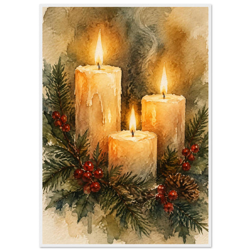 Watercolour painting of three lit advent candles with spruce sprigs and red berries