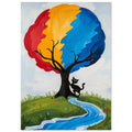 Tree with a red, yellow and blue canopy, a black cat beside its trunk, and a winding blue stream through green grass.