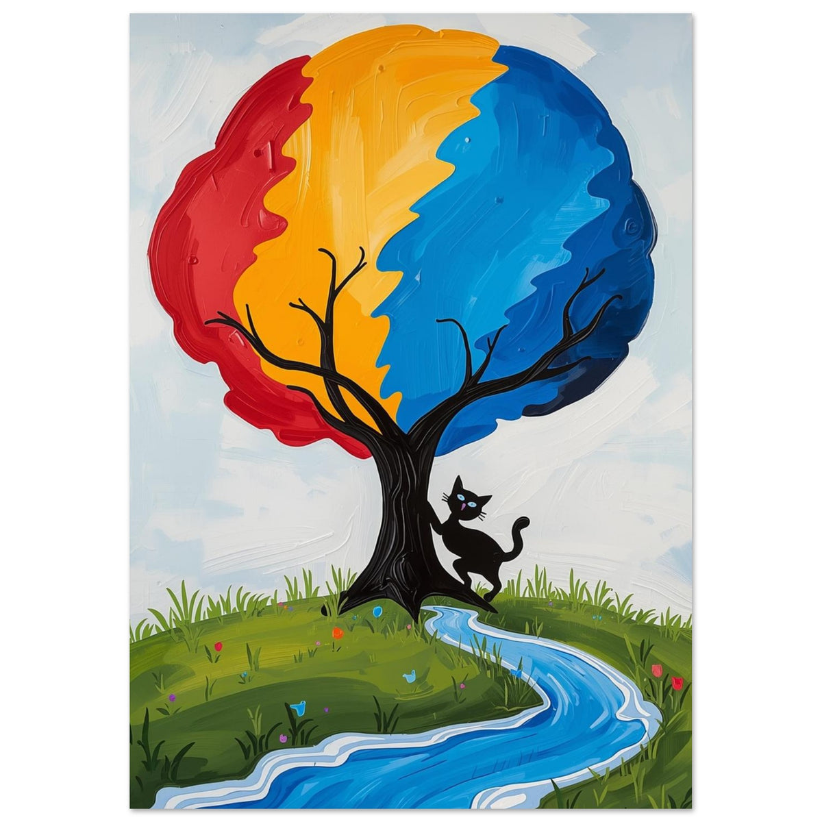 Tree with a red, yellow and blue canopy, a black cat beside its trunk, and a winding blue stream through green grass.