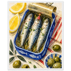 Three sardines in an open blue tin, one wearing a red party hat, surrounded by lemon wedges, olives and striped cloth.