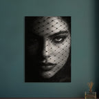 Woman's face behind a diamond-patterned net veil, with one eye brightly lit and the other in deep shadow, in black and white.