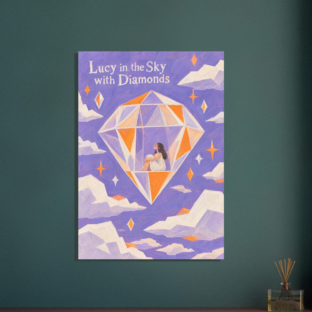 Seated figure inside a floating diamond among cream clouds and orange stars, with Lucy in the Sky with Diamonds lettering.
