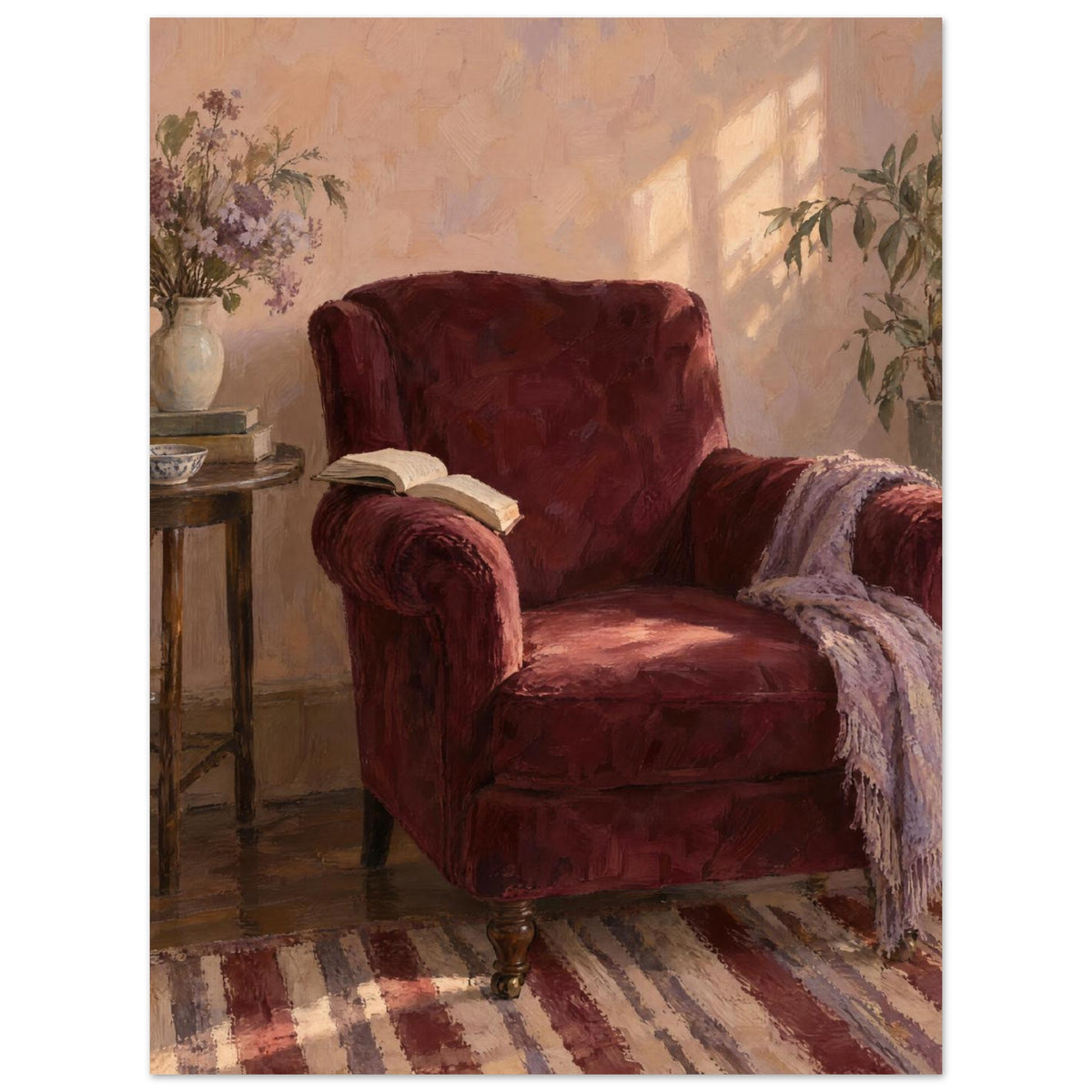 The Reading Chair painting showing a burgundy armchair with an open book, a cropped striped rug and afternoon light.