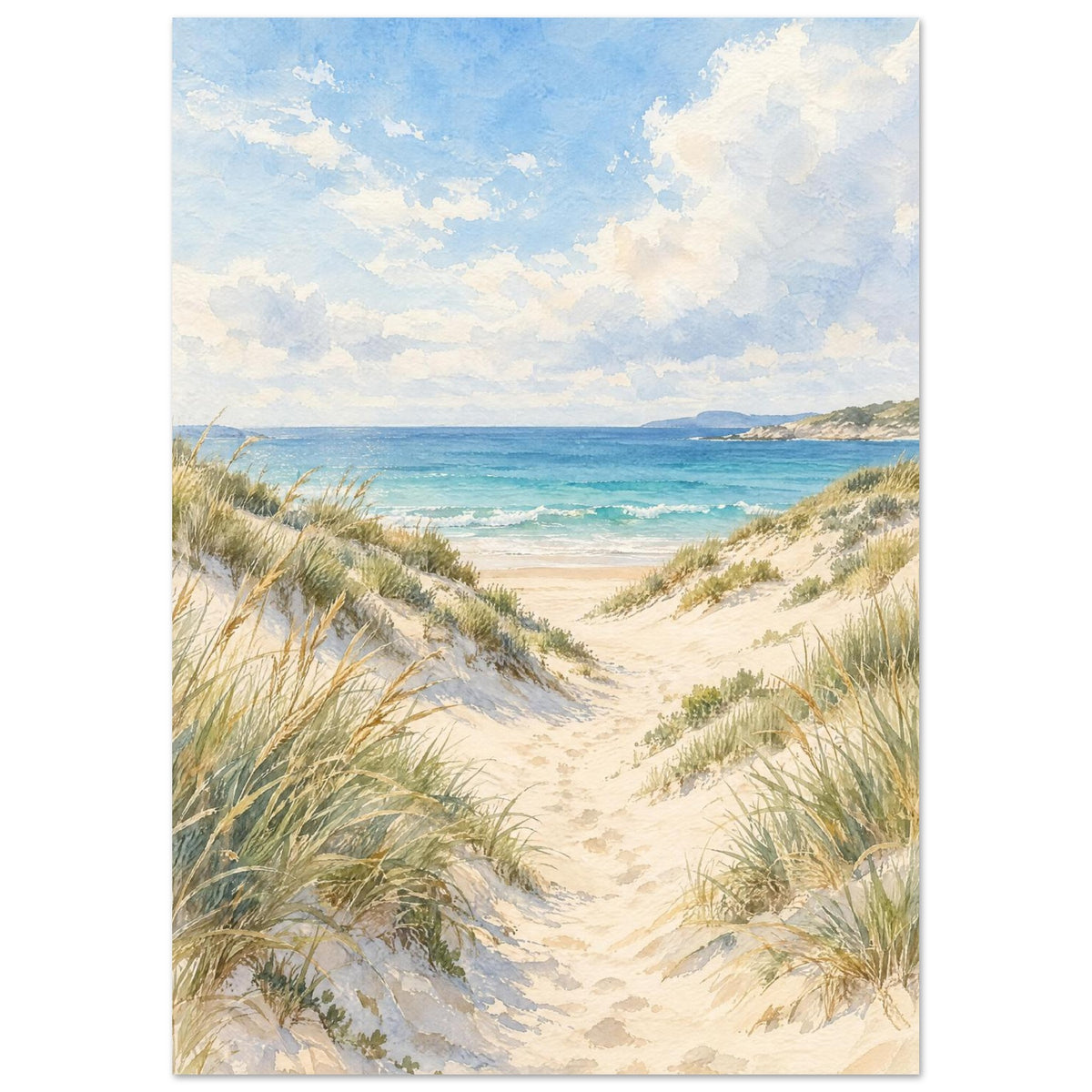 Sand dunes with grasses and footprints leading to turquoise waves beneath a blue sky with soft white clouds.