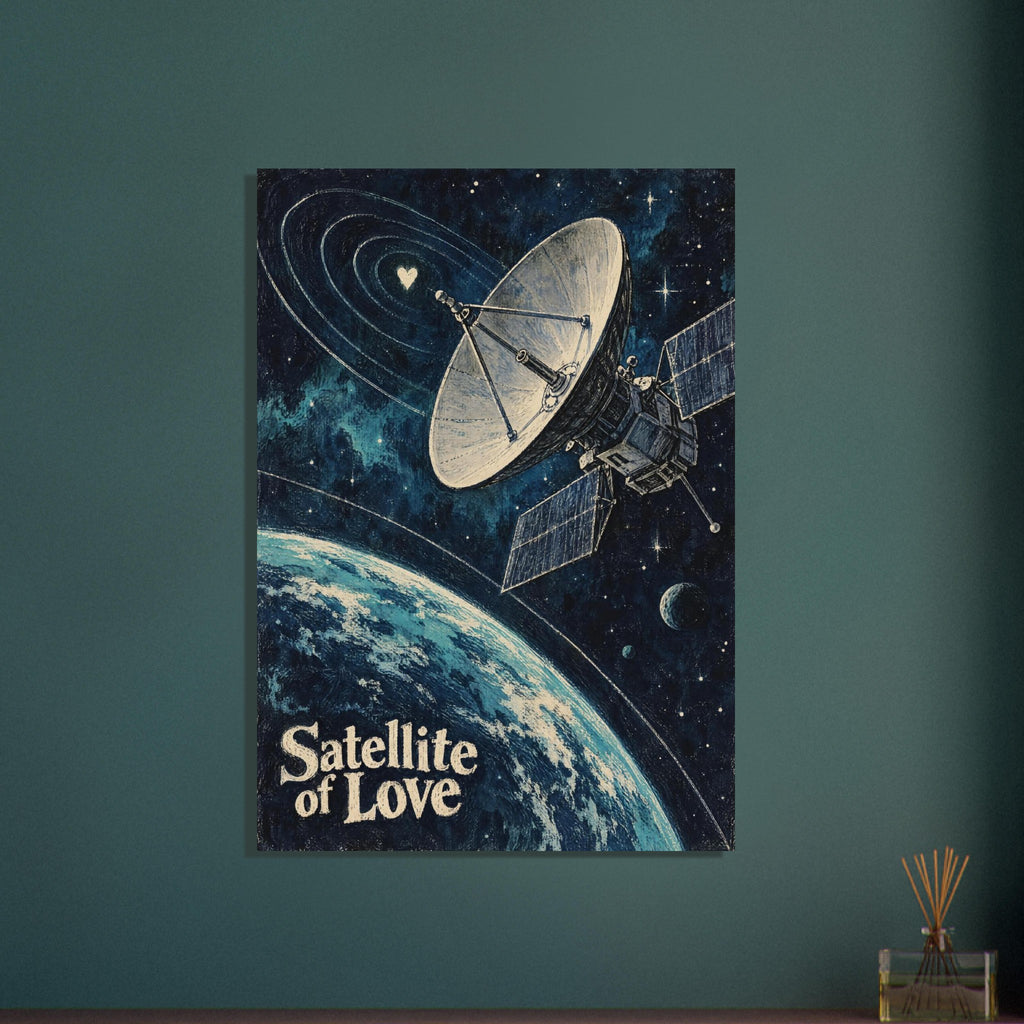 Satellite with a large dish above a blue planet, stars and a small heart, with cream “Satellite of Love” lettering.