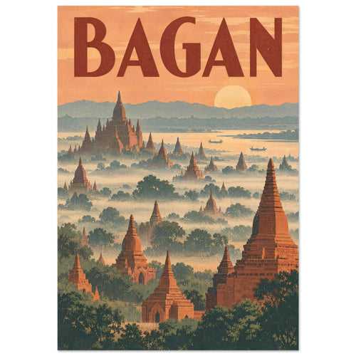 Bagan lettering above terracotta temples and green trees in mist, with water, distant hills and a low sun in an orange sky.