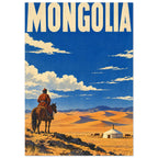 Mongolia travel poster with a horse and rider, golden desert dunes, a white yurt and cream clouds beneath blue sky.