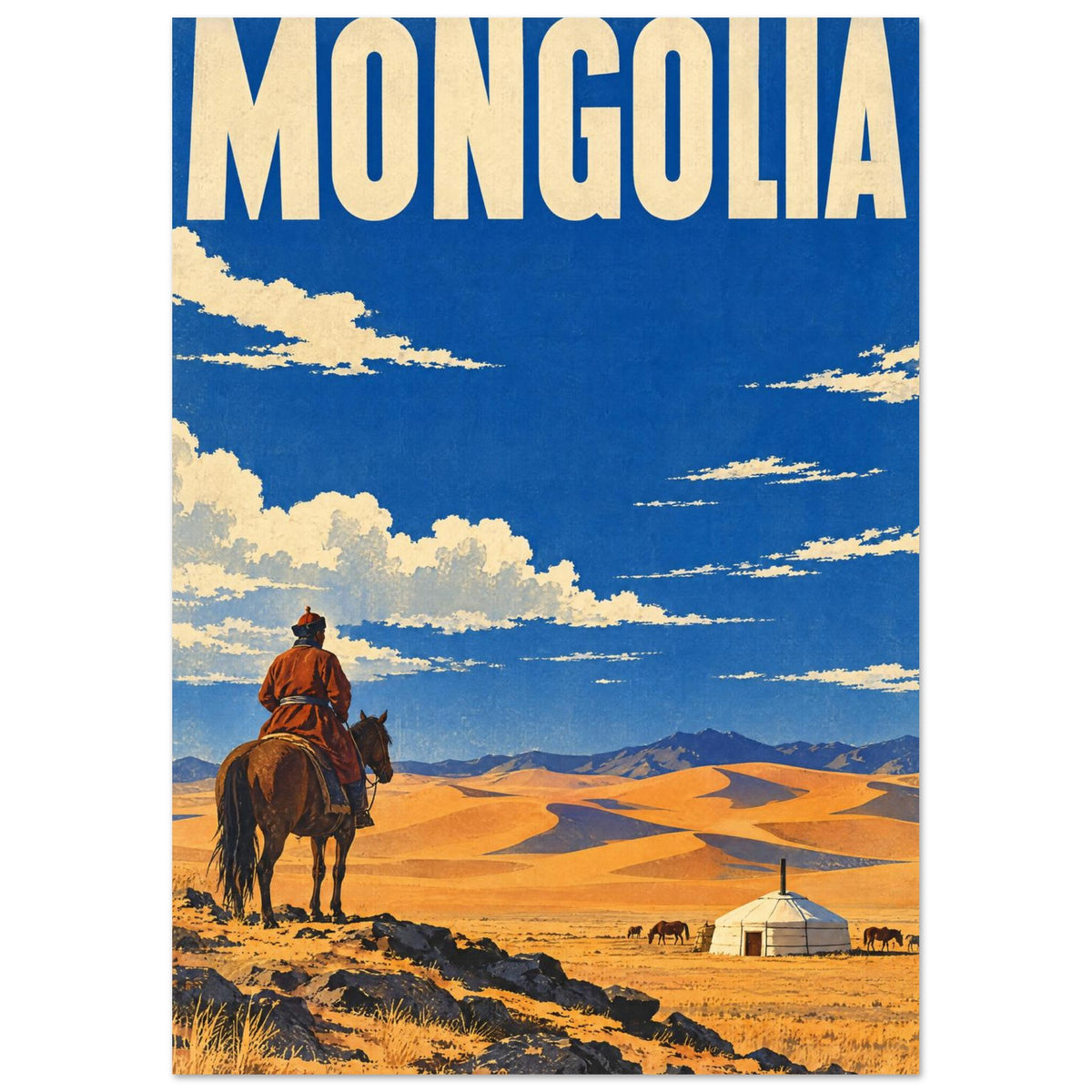 Mongolia travel poster with a horse and rider, golden desert dunes, a white yurt and cream clouds beneath blue sky.