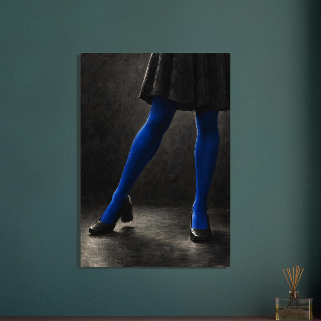 Cobalt Stockings, cropped legs in blue tights and black shoes forming an angular pose against a charcoal studio background.