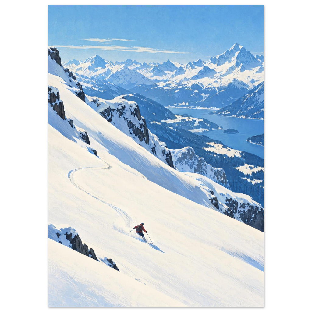 Lone skier carving tracks down a snowy slope above a blue lake, forested valleys and distant snow-covered mountains.