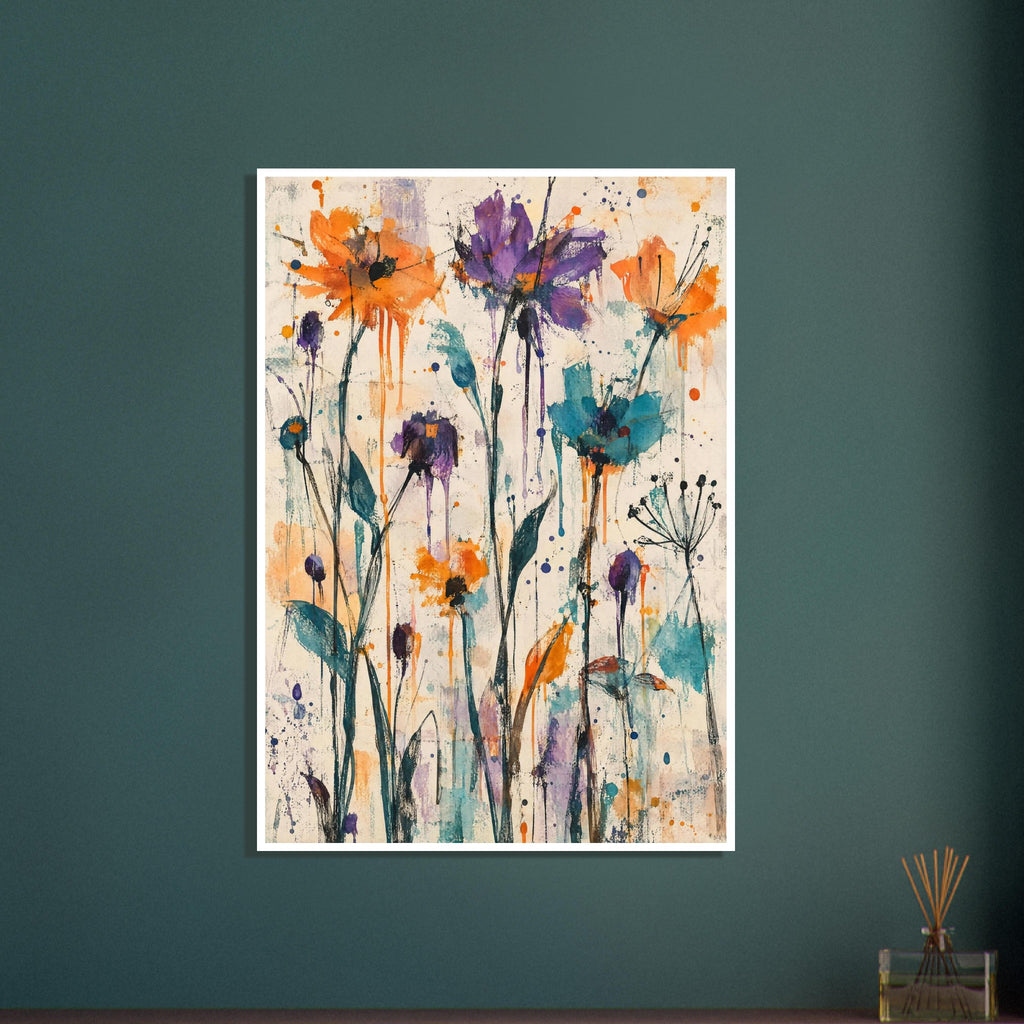 Orange, purple and teal flowers with slender dark stems, leaves and paint drips on a textured cream background.
