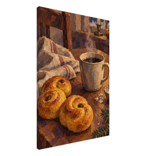 Golden curled buns beside a steaming mug on a wooden table, with a striped cloth, lit candle and evergreen sprig.