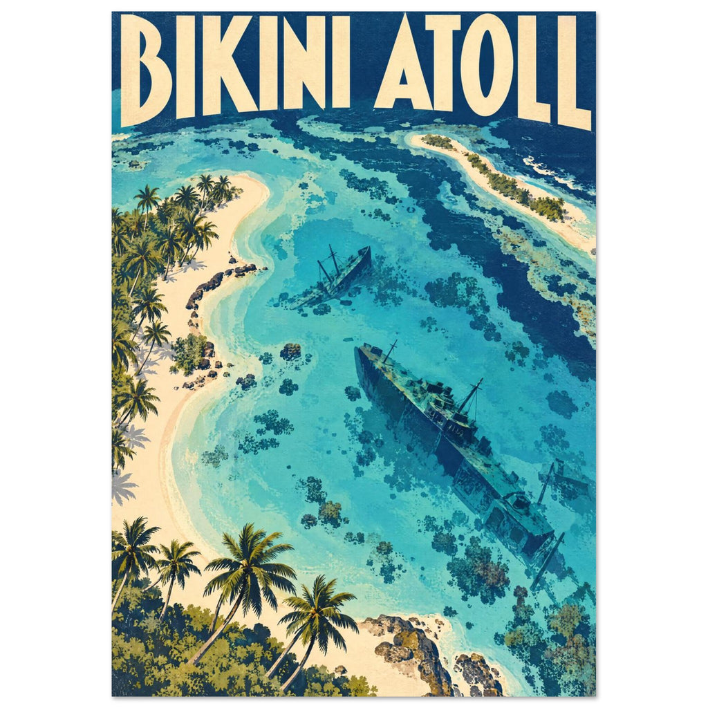Bikini Atoll poster with cream lettering above turquoise lagoon waters, submerged shipwrecks and palm-lined sandy islands.