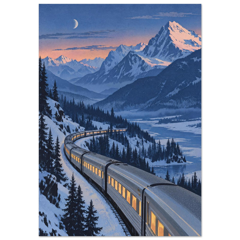 Snowy Mountain Train Blue Art Print