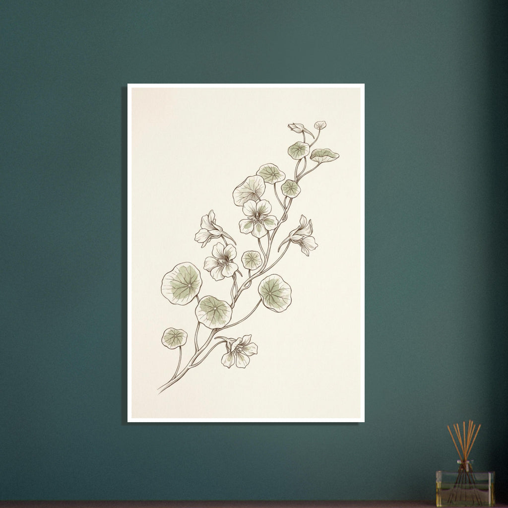 Nasturtium stems with rounded pale green leaves and delicate flowers, drawn in fine brown lines on a cream background.