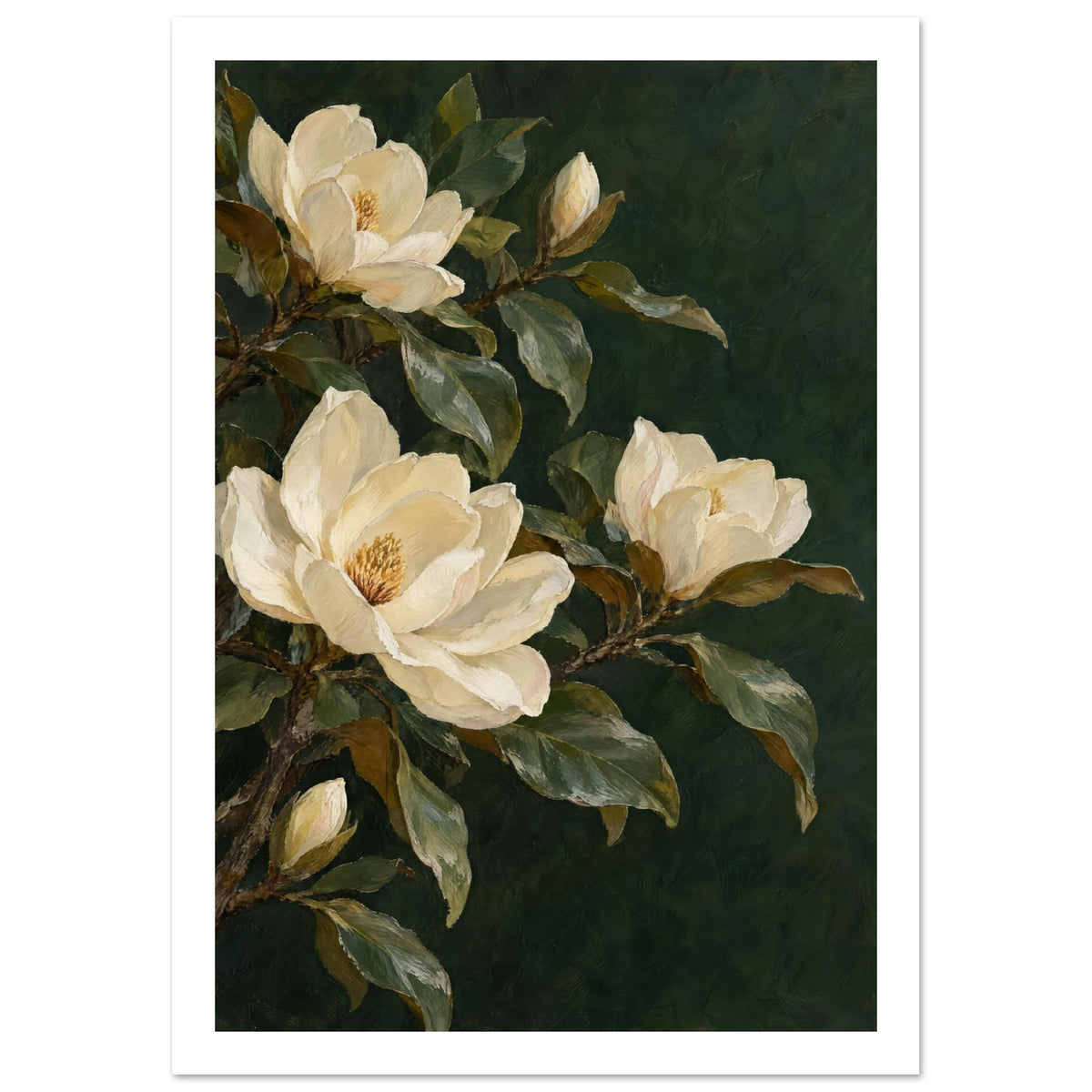 Cream magnolia blossoms and buds on leafy branches against a dark green background, painted with visible brushstrokes.