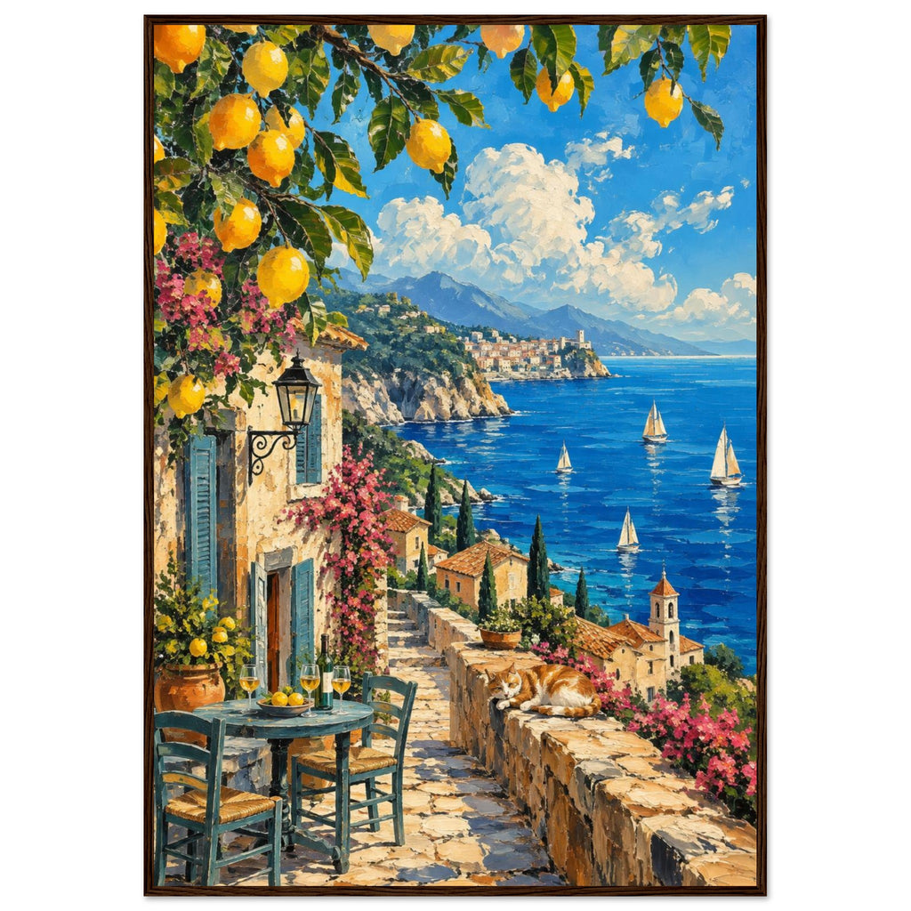 Lemon branches above a seaside terrace with a table, chairs and resting cat, overlooking sailboats and a coastal village.