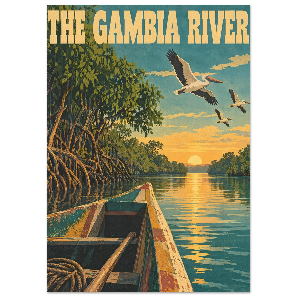 The Gambia River poster with a wooden boat, tree-lined water, flying pelicans and a low golden sun beneath bold lettering.
