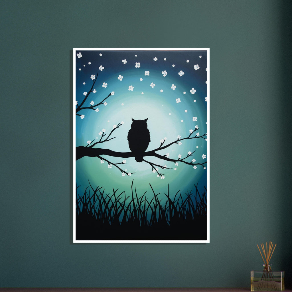 Black owl silhouette perched on a flowering branch against a teal and blue background, with black grasses below.