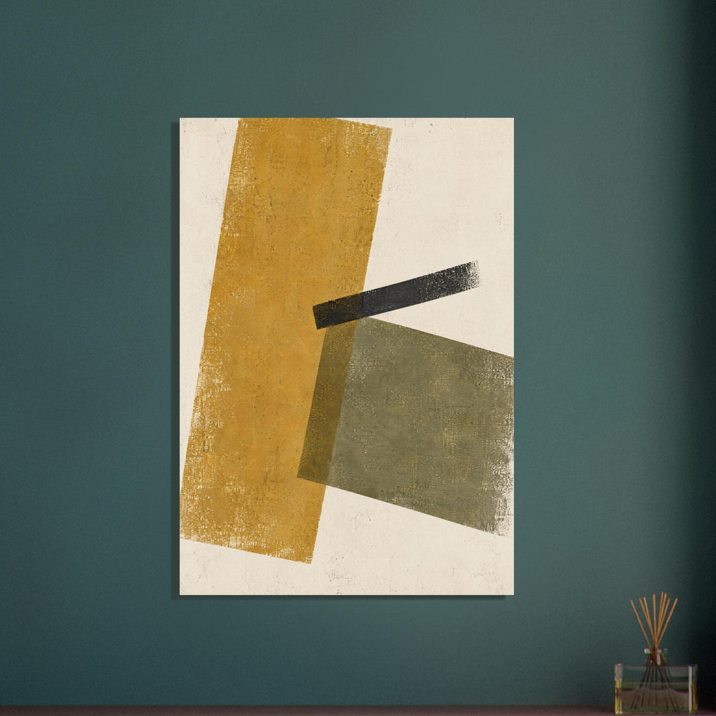 Mustard and olive rectangles overlap beneath a slanted black bar on a cream background, with distressed textures.