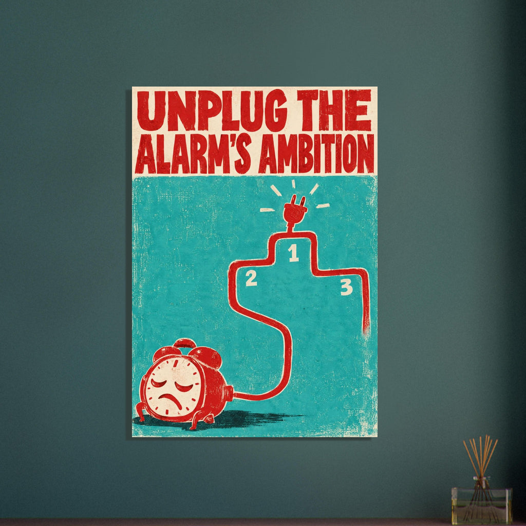 Red sad-faced alarm clock with a cable shaped like a podium on turquoise, beneath ‘Unplug the Alarm’s Ambition’.