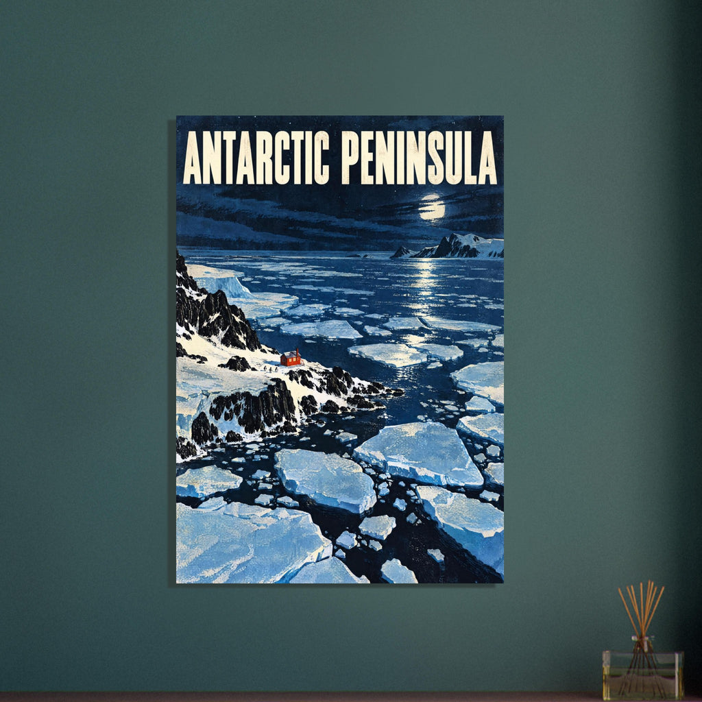 Antarctic Peninsula lettering above a moonlit blue sea with ice floes, snowy cliffs and a small red cabin.