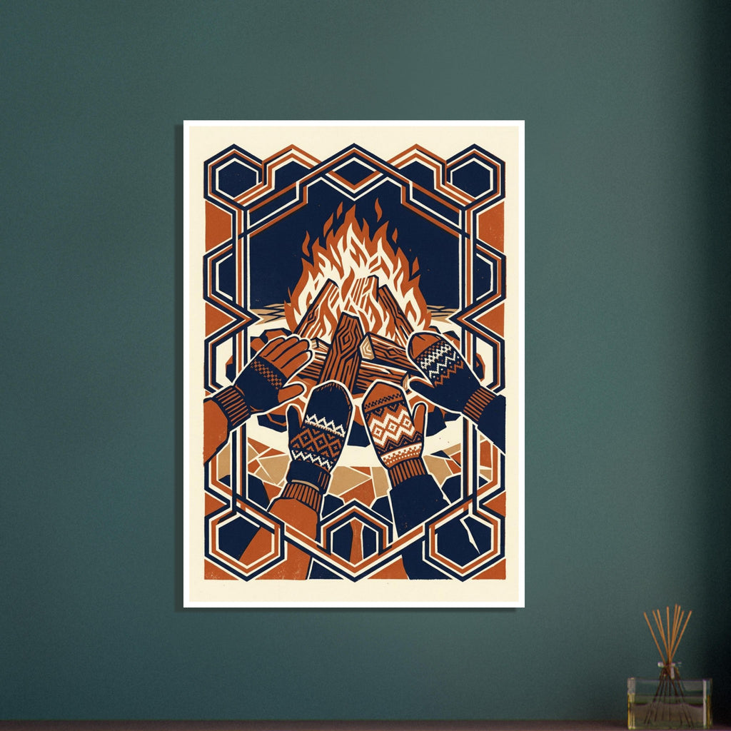 Four gloved and mittened hands held towards a bonfire, in navy, rust and cream with an interlocking geometric border.
