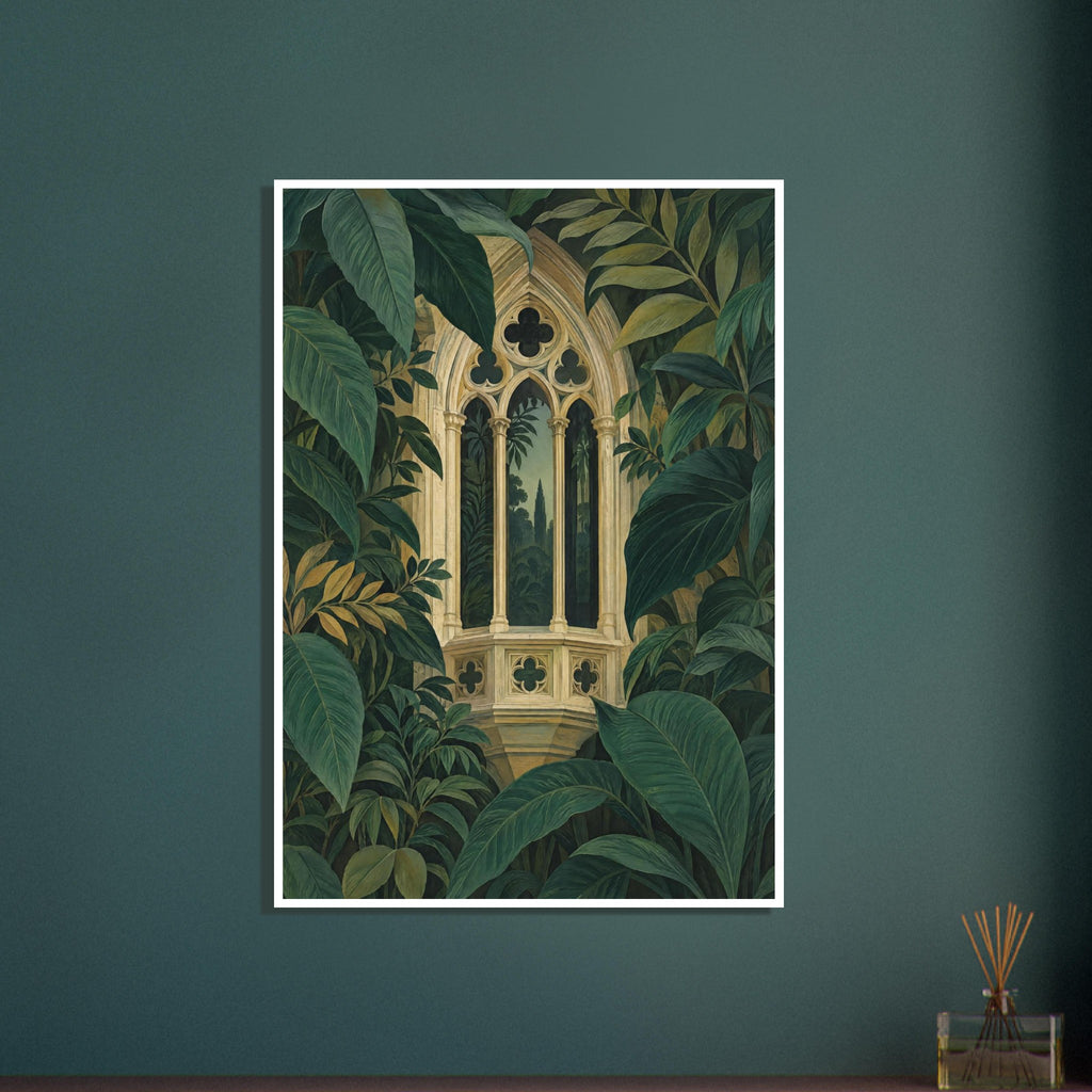 Ornate beige Gothic window with pointed arches and slender columns surrounded by large, layered dark green leaves.