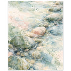 Watercolour of rounded pebbles in shallow flowing water, with soft blue, green and cream washes and fine white ripples.