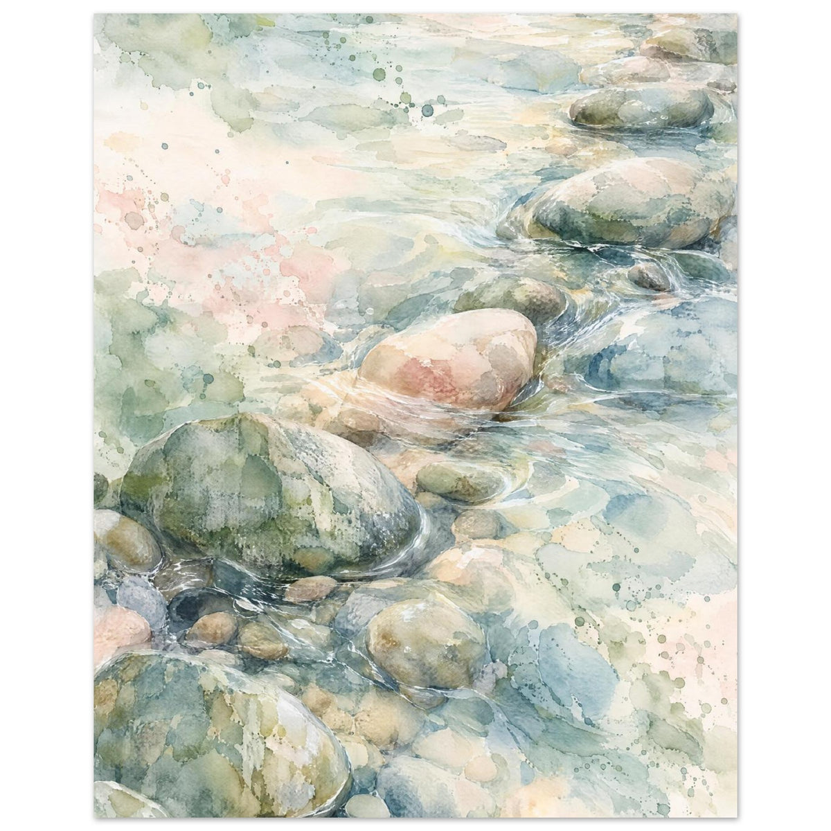 Watercolour of rounded pebbles in shallow flowing water, with soft blue, green and cream washes and fine white ripples.
