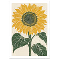 Yellow sunflower with a dark seed centre, green stem and three large leaves on a textured cream background.