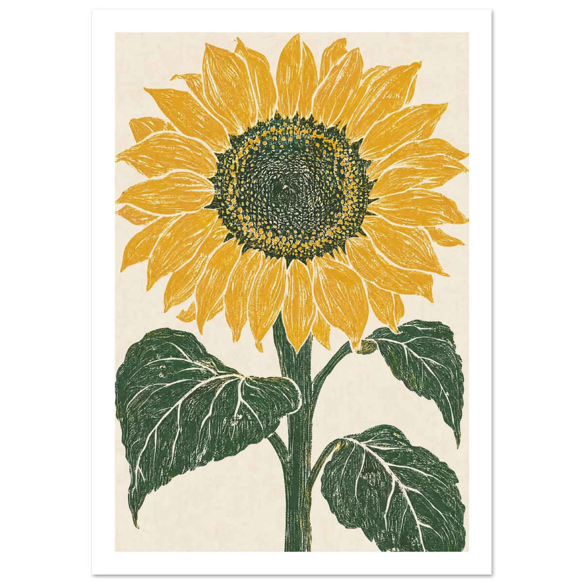 Yellow sunflower with a dark seed centre, green stem and three large leaves on a textured cream background.