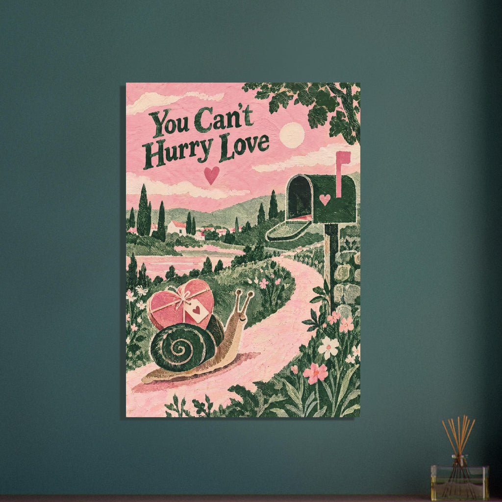 Snail carrying a heart-shaped parcel towards a letterbox on a pink country path beneath “You Can't Hurry Love” text.