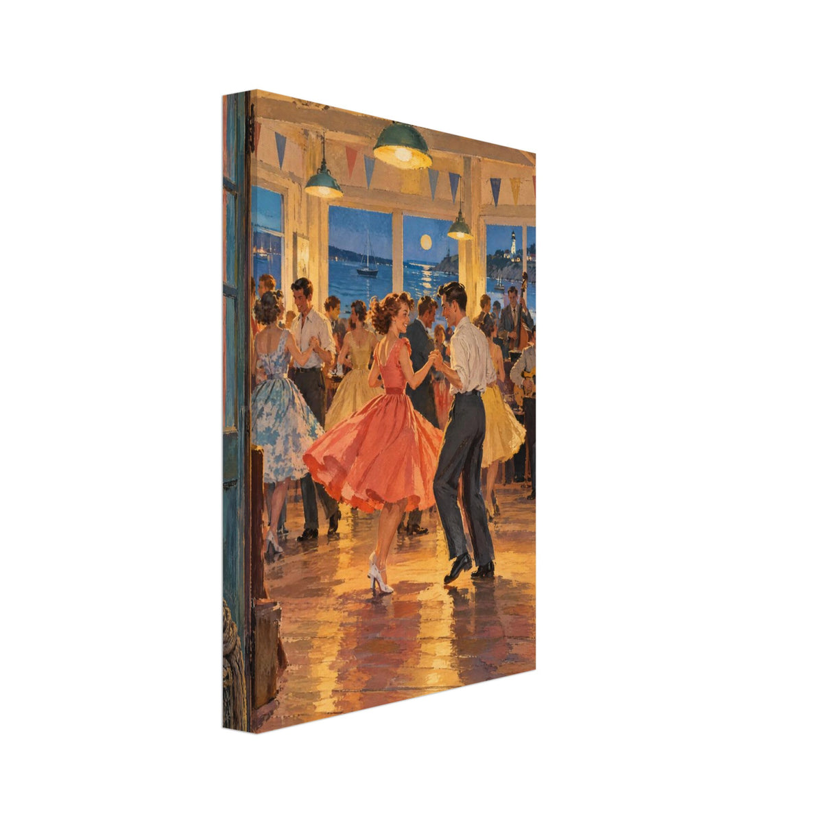 Couples dancing in a warmly lit seafront hall, viewed through teal doors, with musicians and moonlit water beyond.