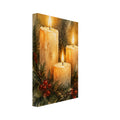 Three glowing golden candles surrounded by evergreen sprigs, red berries and pine cones in a soft watercolour composition.
