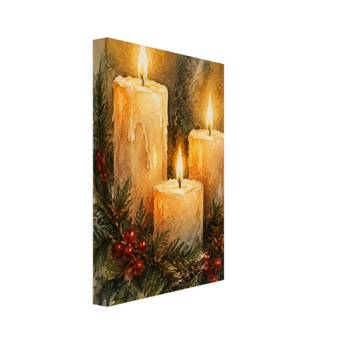 Three glowing golden candles surrounded by evergreen sprigs, red berries and pine cones in a soft watercolour composition.