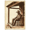 Cowboy in a wide-brimmed hat seated on a wooden porch, illustrated in brown on a distressed cream background.