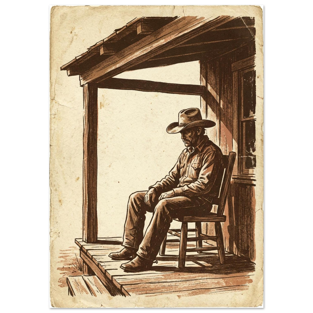 Cowboy in a wide-brimmed hat seated on a wooden porch, illustrated in brown on a distressed cream background.