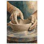 Hands at the Wheel painting of two clay-covered hands shaping a low bowl on a circular pottery wheel against muted teal.