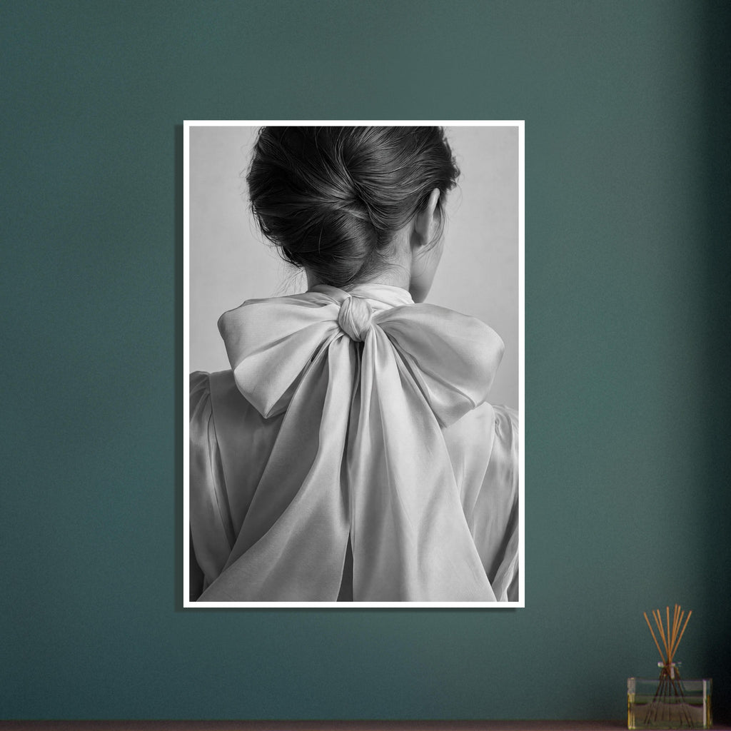 Woman seen from behind with swept-up dark hair and a large pale fabric bow tied at her nape, in black and white.