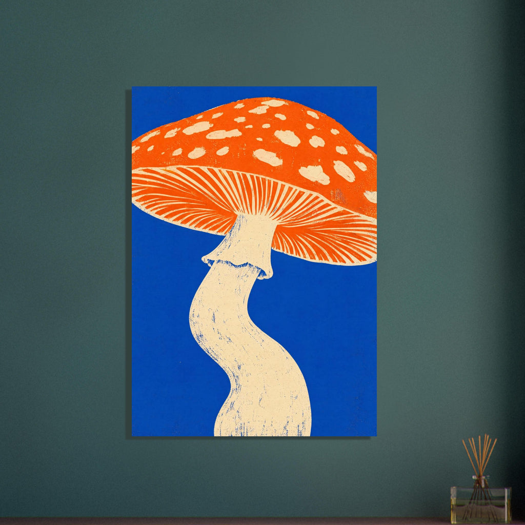 Mushroom with an orange spotted cap, cream gills and a curved cream stem against a vivid blue background.