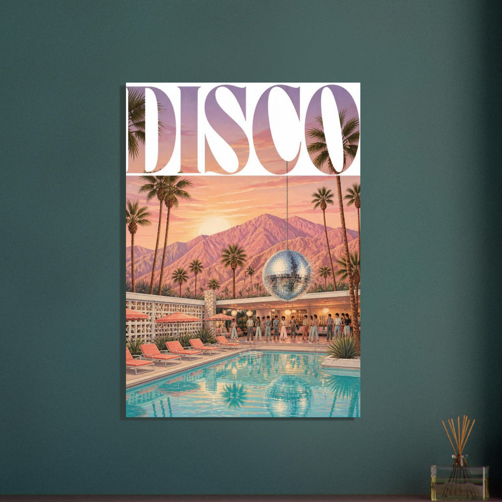 DISCO lettering above a sunset pool party with a hanging mirror ball, palm trees, pink mountains and turquoise water.