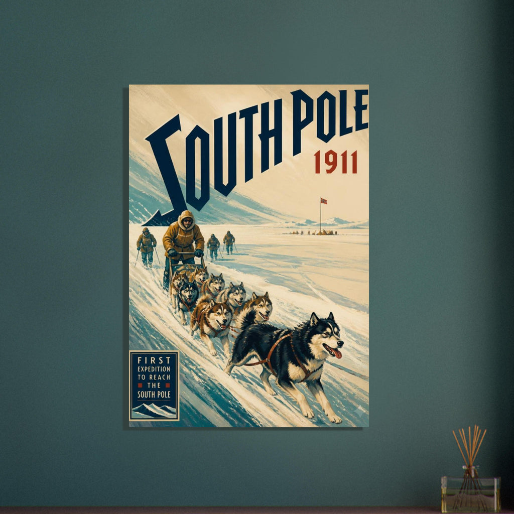Sled dogs pull an explorer across snow beneath bold ‘South Pole 1911’ lettering, with skiers and distant tents behind.